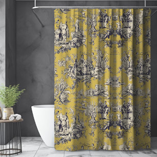 Vintage Yellow Floral Toile de Jouy Lake Shower Curtain