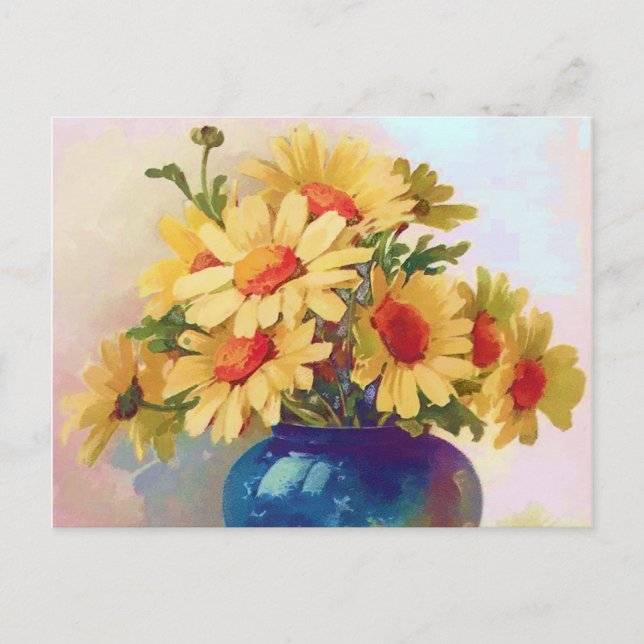 Vintage Yellow Flowers in Blue Vase Postcard (Front)