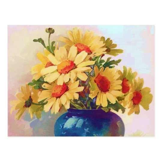 Vintage Yellow Flowers in Blue Vase Postcard