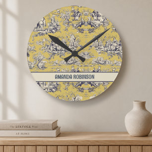 Vintage Yellow French Toile de Jouy Lake Monogram Round Clock