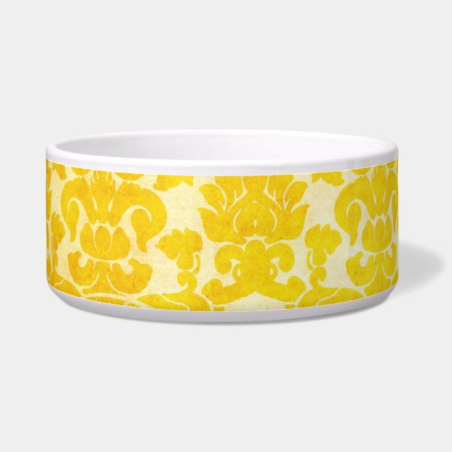 Vintage Yellow Gold Floral Damask Dog Bowl (Left)