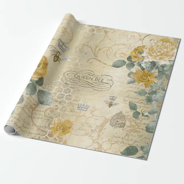 Vintage Yellow Gold Roses Queen Bee Wrapping Paper | Zazzle