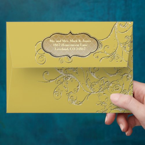 Vintage Yellow Gold Swirl Wedding Envelope