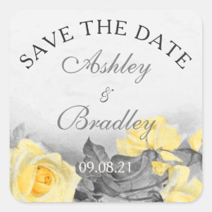 Vintage Yellow Gray Rose Wedding Save the Date Square Sticker