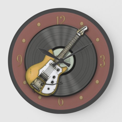 Vintage Yellow Guitar and Vinyl Record Wall Clock