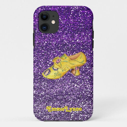 Vintage Yellow High Heels Purple Glitter Name iPhone 11 Case