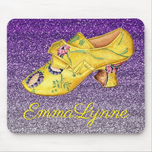 Vintage Yellow High Heels Purple Glitter Name Mouse Pad