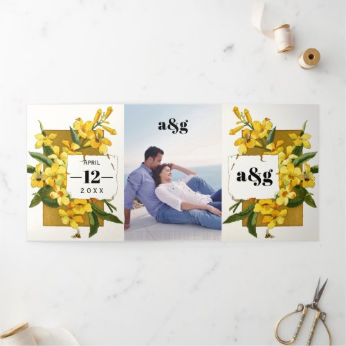 Vintage yellow jasmine and initials floral wedding Tri_Fold invitation