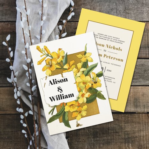 Vintage yellow jasmine floral spring wedding invitation