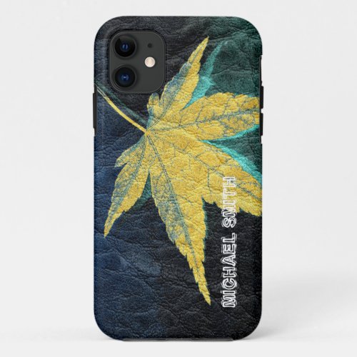 Vintage Yellow Leaf on Leather 2 iPhone 11 Case