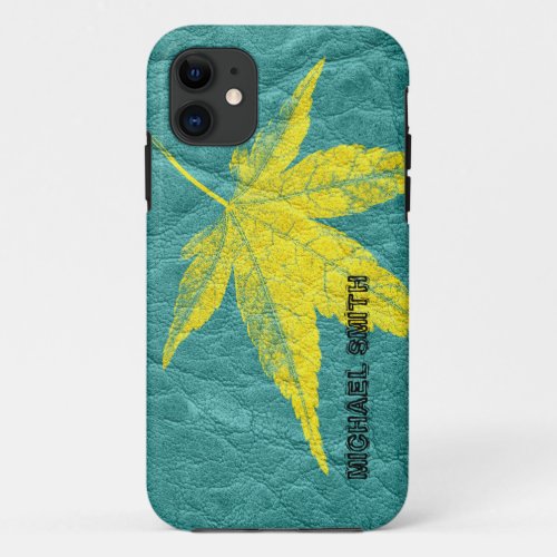 Vintage Yellow Leaf on Leather iPhone 11 Case