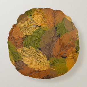 Vintage Yellow: Leafy Dark Elegance. Round Pillow