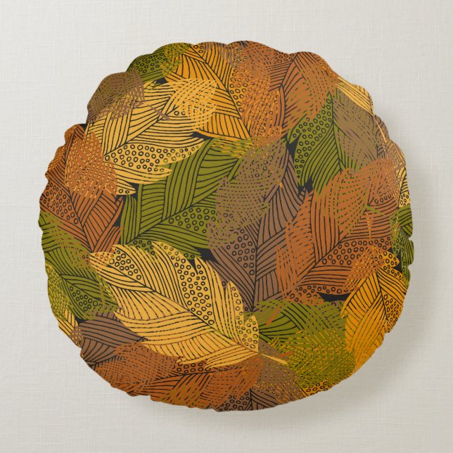 Vintage Yellow: Leafy Dark Elegance. Round Pillow (Front)