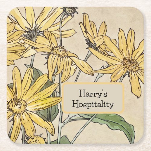 Vintage Yellow Ochre Daisies Square Paper Coaster