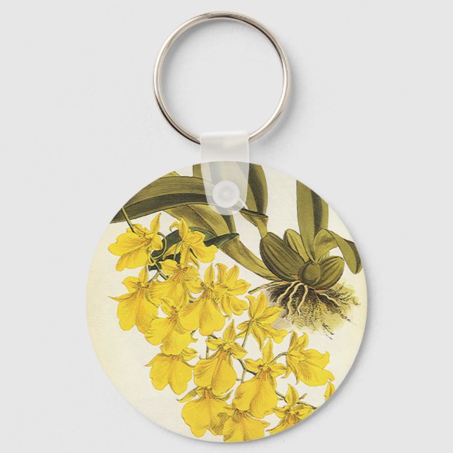 Vintage Yellow Oncidium Orchid, Tropical Flowers Keychain (Front)