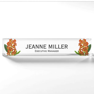 Vintage Yellow Orange Exotic Orchid Flower Desk Name Plate