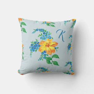 Vintage Yellow Orange Flower Baby Blue Monogram Throw Pillow