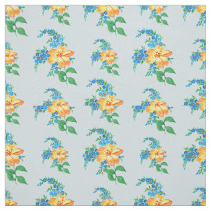 Vintage Yellow Orange Flower Floral Baby Blue Fabric