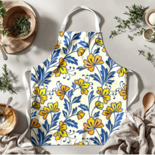 Vintage Yellow Orange Folk Floral Blue Leaf Apron