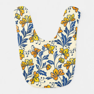 Vintage Yellow Orange Folk Floral Blue Leaf Baby Bib