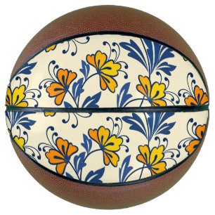Vintage Yellow Orange Folk Floral Blue Leaf Basketball