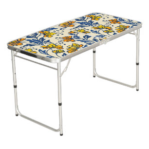 Vintage Yellow Orange Folk Floral Blue Leaf Beer Pong Table