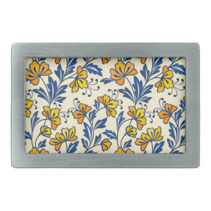 Vintage Yellow Orange Folk Floral Blue Leaf Belt Buckle