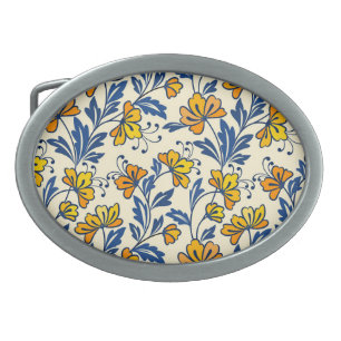 Vintage Yellow Orange Folk Floral Blue Leaf Belt Buckle