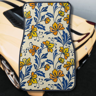 Vintage Yellow Orange Folk Floral Blue Leaf Car Floor Mat