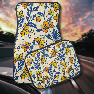 Vintage Yellow Orange Folk Floral Blue Leaf Car Floor Mat