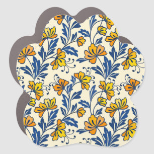 Vintage Yellow Orange Folk Floral Blue Leaf Car Magnet