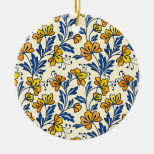 Vintage Yellow Orange Folk Floral Blue Leaf Ceramic Ornament