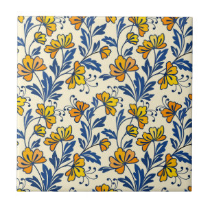 Vintage Yellow Orange Folk Floral Blue Leaf Ceramic Tile