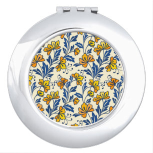 Vintage Yellow Orange Folk Floral Blue Leaf Compact Mirror