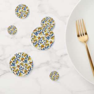 Vintage Yellow Orange Folk Floral Blue Leaf Confetti