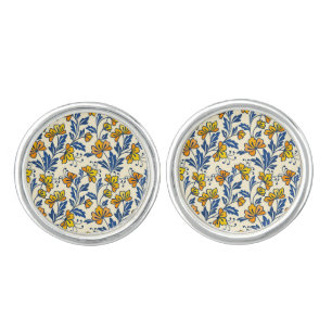 Vintage Yellow Orange Folk Floral Blue Leaf Cufflinks