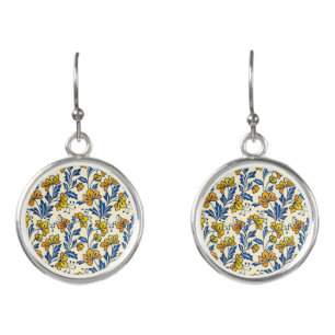 Vintage Yellow Orange Folk Floral Blue Leaf Earrings