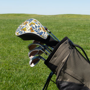 Vintage Yellow Orange Folk Floral Blue Leaf Golf Head Cover