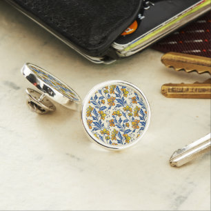 Vintage Yellow Orange Folk Floral Blue Leaf Lapel Pin