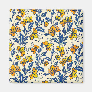 Vintage Yellow Orange Folk Floral Blue Leaf Magnet