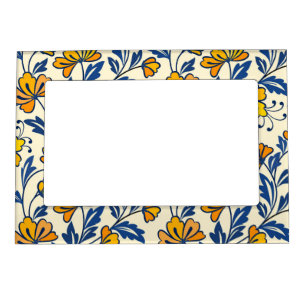 Vintage Yellow Orange Folk Floral Blue Leaf Magnetic Frame