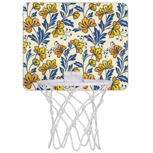 Vintage Yellow Orange Folk Floral Blue Leaf Mini Basketball Hoop