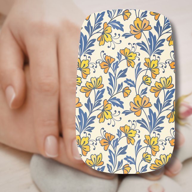 Vintage Yellow Orange Folk Floral Blue Leaf Minx Nail Art (Creator Uploaded)