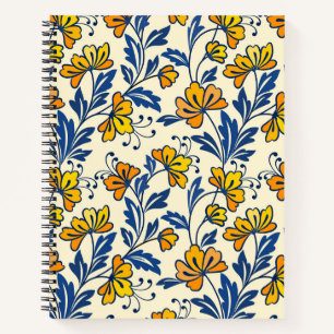 Vintage Yellow Orange Folk Floral Blue Leaf Notebook