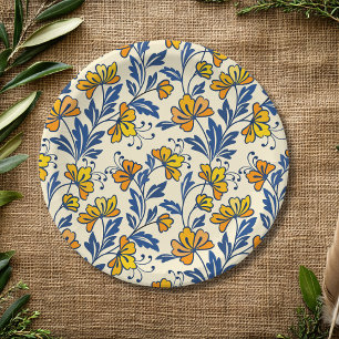 Vintage Yellow Orange Folk Floral Blue Leaf Paper Plates