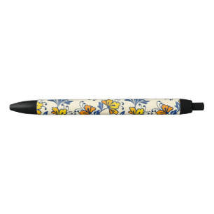Vintage Yellow Orange Folk Floral Blue Leaf Pen
