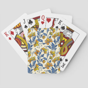 Vintage Yellow Orange Folk Floral Blue Leaf Poker Cards