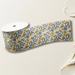 Vintage Yellow Orange Folk Floral Blue Leaf Satin Ribbon