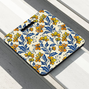 Vintage Yellow Orange Folk Floral Blue Leaf Seat Cushion