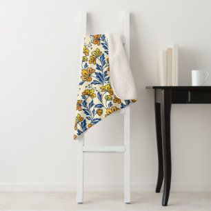 Vintage Yellow Orange Folk Floral Blue Leaf Sherpa Blanket